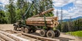 Wheel-mounted loader, timber grab. Lumberjack with modern harvester working in a forest. Forest industry. Felling of Royalty Free Stock Photo