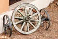 Wheel old wagon. parts from old broken wooden chariots Royalty Free Stock Photo