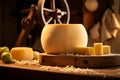 Wheel of Parmesan cheese, known as Parmigiano Reggiano italian hard cheese in the kitchen. Ai generative