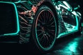 Wheel rim of a speed sports car with vibrant colors and neon lights, exuding a sense of speed and excitement. Racing Car Rims in Royalty Free Stock Photo