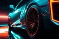 Wheel rim of a speed sports car with vibrant colors and neon lights, exuding a sense of speed and excitement. Racing Car Rims in Royalty Free Stock Photo