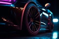 Wheel rim of a speed sports car with vibrant colors and neon lights, exuding a sense of speed and excitement. Racing Car Rims in Royalty Free Stock Photo