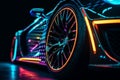 Wheel rim of a speed sports car with vibrant colors and neon lights, exuding a sense of speed and excitement. Racing Car Rims in Royalty Free Stock Photo