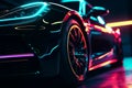 Wheel rim of a speed sports car with vibrant colors and neon lights, exuding a sense of speed and excitement. Racing Car Rims in Royalty Free Stock Photo