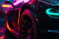 Wheel rim of a speed sports car with vibrant colors and neon lights, exuding a sense of speed and excitement. Racing Car Rims in Royalty Free Stock Photo