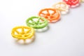 Wheel shape colourful fryums papad snack. selective focus