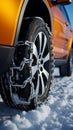 Wheel with snow chains tackles deep winter snow, maintaining control in challenging conditions.