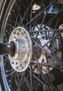 Wheel with spokes and rubber tire of a motorcycle close up Royalty Free Stock Photo