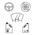 Wheel, steering wheel, windshield, car oil, and car coolant bottles