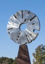 `Wheel of Time`, a stainless steel and dichroic glass piece by Jeff Laing in Edmond, Oklahoma.