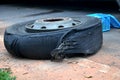 Wheel tire of bus broken and explosion on the road