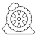 Wheel with tire in foam thin line icon, car washing concept, car cleaning service symbol on white background, Wheel car