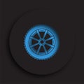 wheel with a tire and winter rubber tread in neomorphism style on dark background. Winter tires for car. Driving on slippery road.