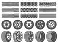 Wheel tires. Car tire tread tracks, motorcycle racing wheels icons and dirty tires track vector illustration set