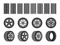 Wheel tires. Car trace imprints, vehicle track or auto race tire, motorcycle racing wheels patterns graphic elements