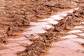 Wheel trace on road, puddle and mud after rain. Traces on soil of tractor, excavator, car, automotive tire tracks on muddy trail. Royalty Free Stock Photo