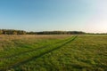 Wheel tracks on a green meadow, autumn forest and clear sky Royalty Free Stock Photo