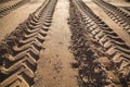 Wheel tracks in the sand go into the distance