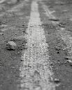 Wheel tread on sandy road in forest, off road background, close up, monochrome Royalty Free Stock Photo