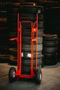 Wheel tyres on the hand truck cart in the warehouse, vertical