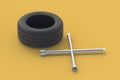 Wheel wrench and tyre. Car service. Mounting car tires