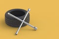 Wheel wrench and tyre. Car service. Mounting car tires
