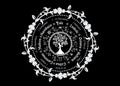 Wheel of the Year is an annual cycle of seasonal festivals. Wiccan calendar and holidays. Compass with Tree of Life, leaves