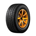 Wheel with yellow aluminum rim and sports tire on transparent background Royalty Free Stock Photo