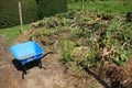 Wheelbarrow and compost in Great Dixter House & Gardens. Royalty Free Stock Photo