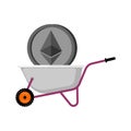 Wheelbarrow and Ethereum. Cryptocurrency in garden trolley. Virtual Cash. Vector Illustration