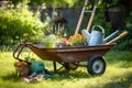 a wheelbarrow filled with garden tools and flower pots is parked on a neat lawn in the garden background. Generative AI Royalty Free Stock Photo