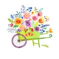 Wheelbarrow with flowers Cute watercolor card Royalty Free Stock Photo