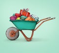 Wheelbarrow full with colorful gift packs