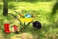 Wheelbarrow with gardening tools and flowers on grass Royalty Free Stock Photo