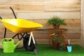 Wheelbarrow with gardening tools and flowers Royalty Free Stock Photo