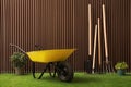 Wheelbarrow, gardening tools and plants on green grass near wood slat wall Royalty Free Stock Photo