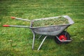 Wheelbarrow with grass on green lawn background