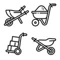 Wheelbarrow icons set, outline style