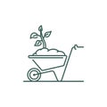 Wheelbarrow line icon. Barrow with soil and tree seedling. Outline vector sign