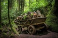 wheelbarrow loaded with logs in forest