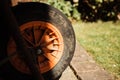 A wheelbarrow muddy wheel with copy space Royalty Free Stock Photo