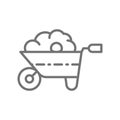 Wheelbarrow with organic fertilizer, manure, gardening tool, agriculture line icon.