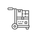 Wheelbarrow with parcels, delivery line icon.