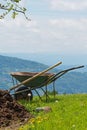 Wheelbarrow, pitchfork and heap of manure on spring meadow grass Royalty Free Stock Photo