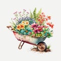 Wheelbarrow Planter Plans with Beautiful Sping Flowers Watercolor, Isolated on White Background - Generative AI