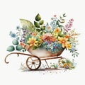 Wheelbarrow Planter Plans with Beautiful Sping Flowers Watercolor, Isolated on White Background - Generative AI