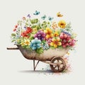 Wheelbarrow Planter Plans with Beautiful Sping Flowers Watercolor, Isolated on White Background - Generative AI