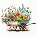 Wheelbarrow Planter Plans with Beautiful Sping Flowers Watercolor, Isolated on White Background - Generative AI