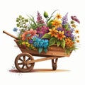 Wheelbarrow Planter Plans with Beautiful Sping Flowers Watercolor, Isolated on White Background - Generative AI