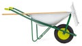 Wheelbarrow with rake, isolated on white background with clipping path. Gardening equipment tool for vegetable garden work or lawn Royalty Free Stock Photo